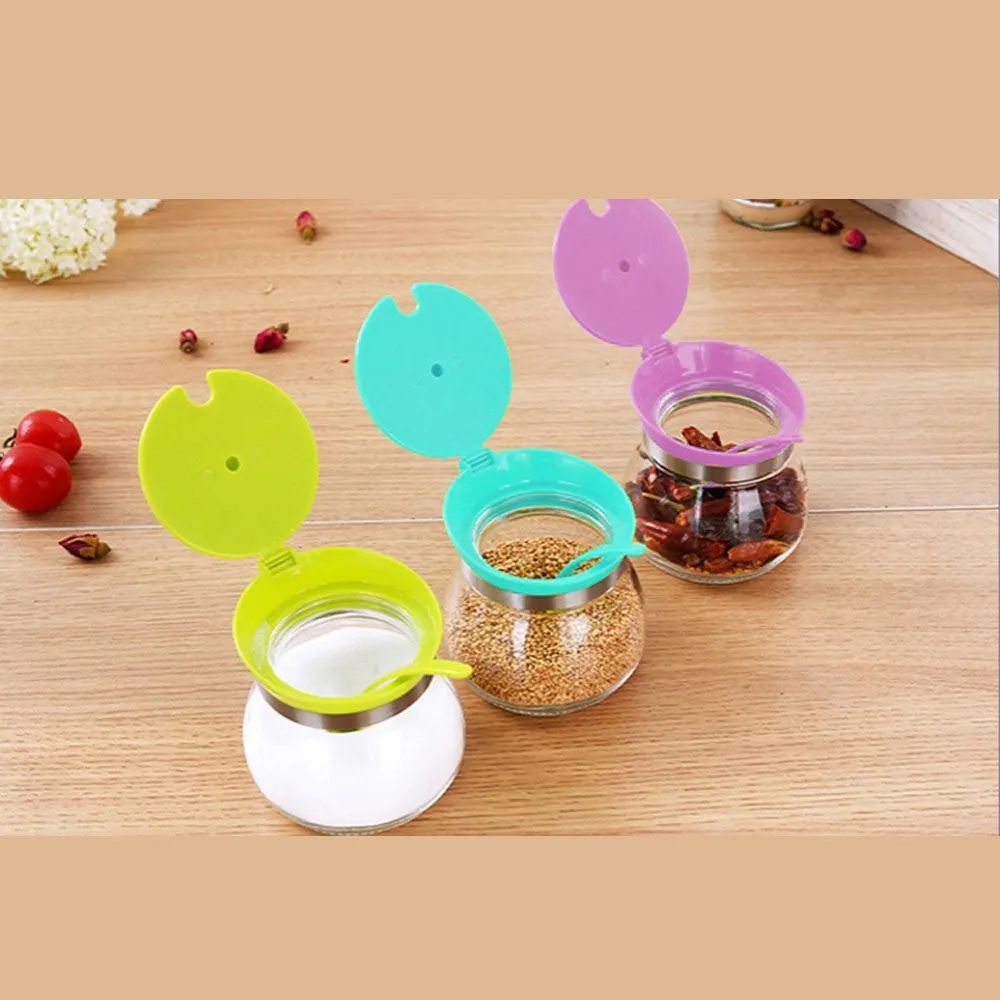 3 PCS Glass Suger & Spice Container Jar Kitchen Combination Spoon and Lid Design Multi-color 7191