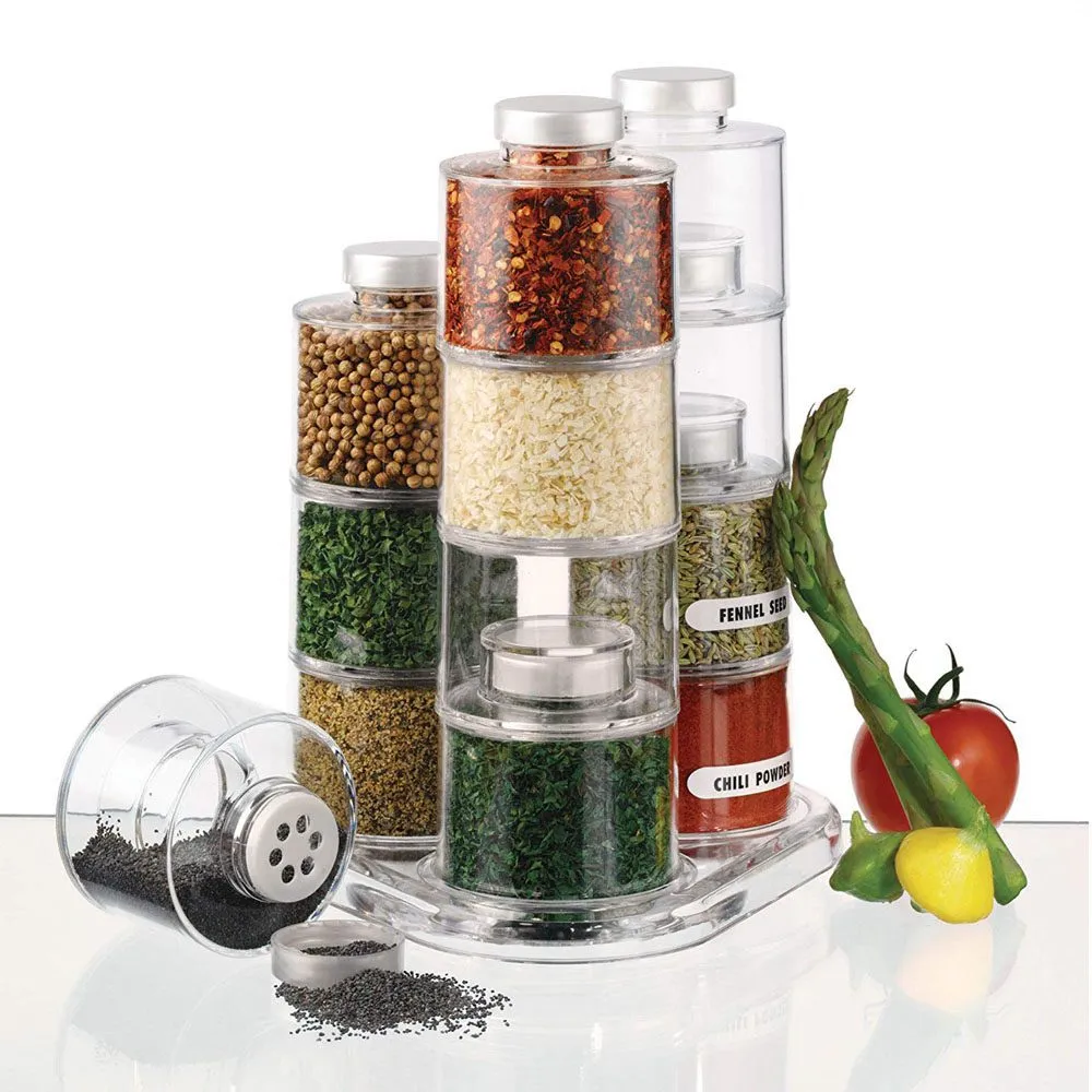 Pack of 12 Spice Tower Carousel Containers for Kitchen Spices - 12 Bottle Stackable Spice Rack Carousel, Spice Tower, Space Saving Kitchen Spice Jars, Herbs, Condiments, Spices Seasoning Box Jars with Lids
