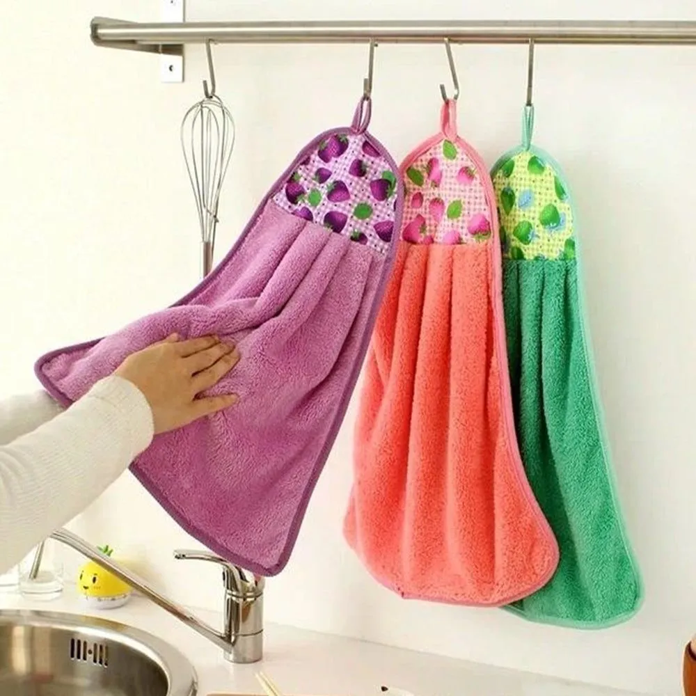 Pack of 3 - Coral Fleece Kitchen / Bathroom Hanging Towel - 15 x 8 inches - Multicolor - 2488
